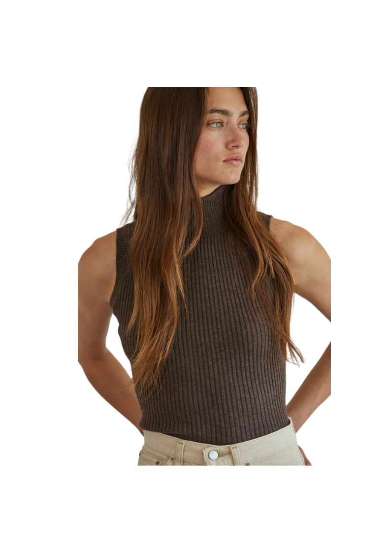 brown sleeveless ribbed high mock neck fitted sweater top