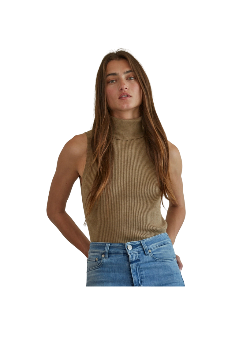 light brown sleeveless ribbed high mock neck fitted sweater top