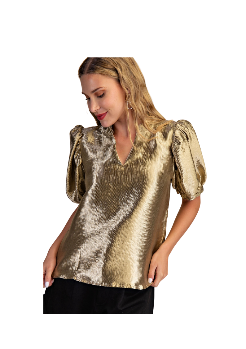 RUFFLE V-NECK PUFF SLEEVE TOP-GOLD