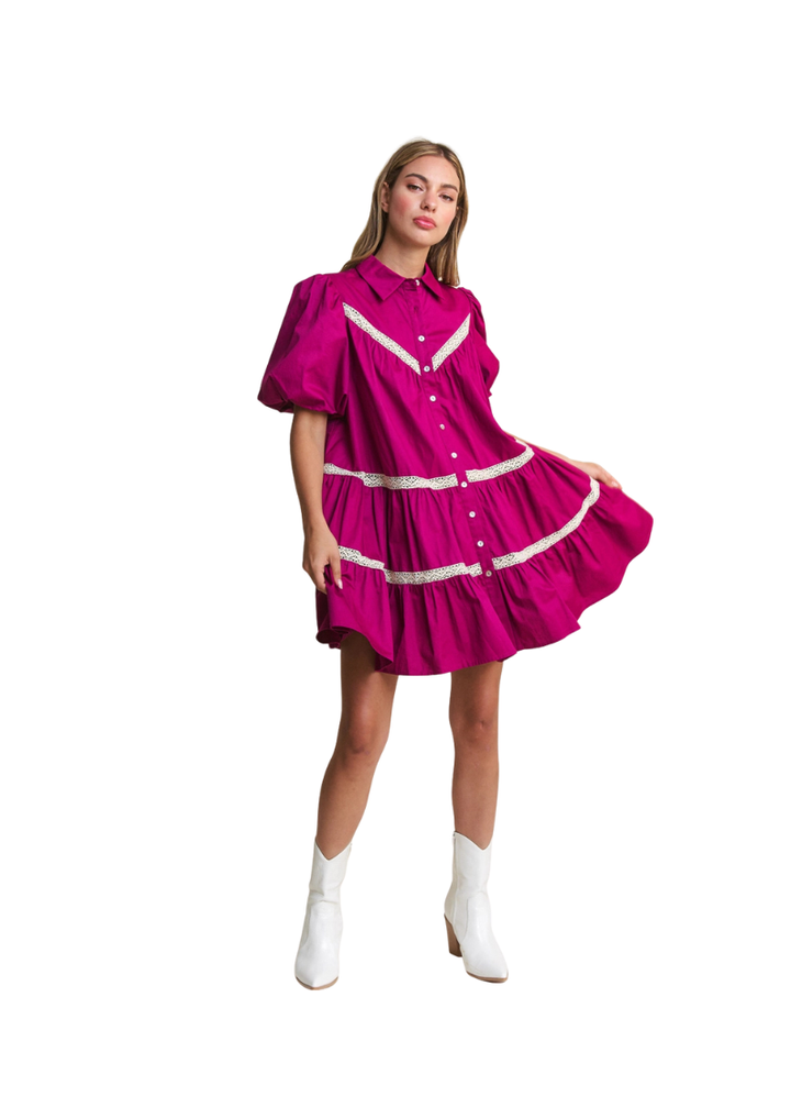 BOHO BABY DOLL MINI DRESS-MAGENTA