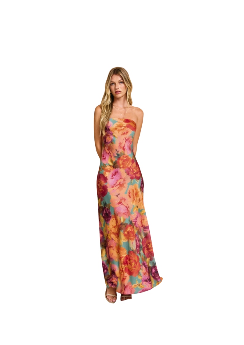 multicolor floral strapless maxi dress