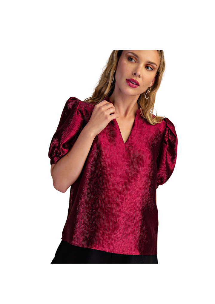 burgundy metallic blouse with short puff sleeves and v neck