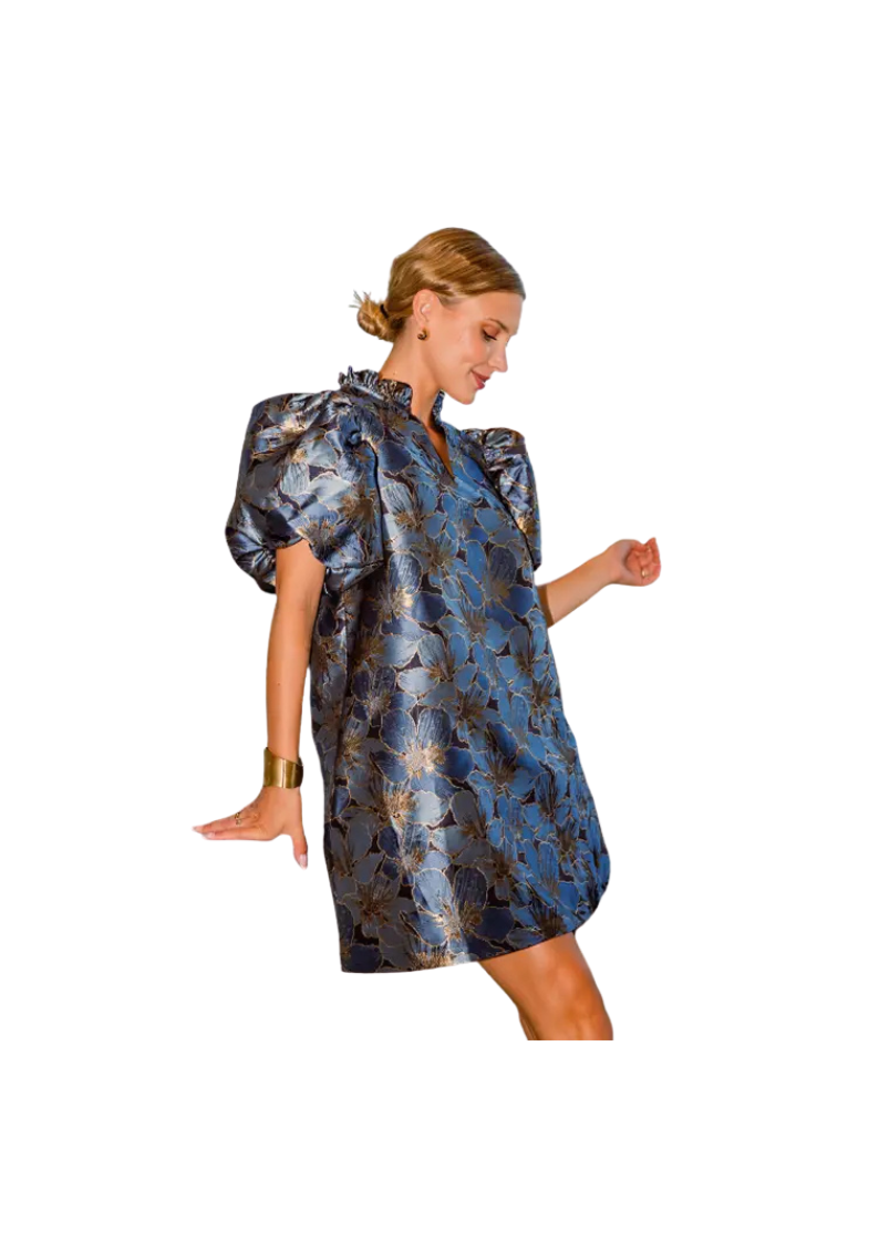 blue floral jacquard mini dress with short puff sleeves and v neck
