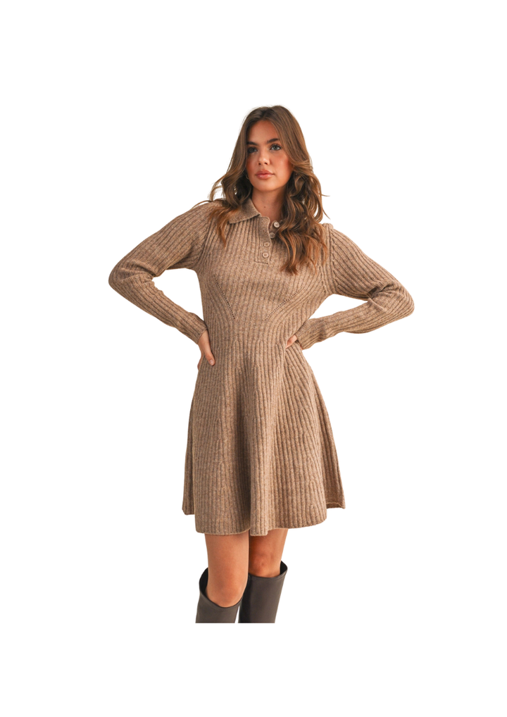 beige ribbed mini dress with long sleeves 