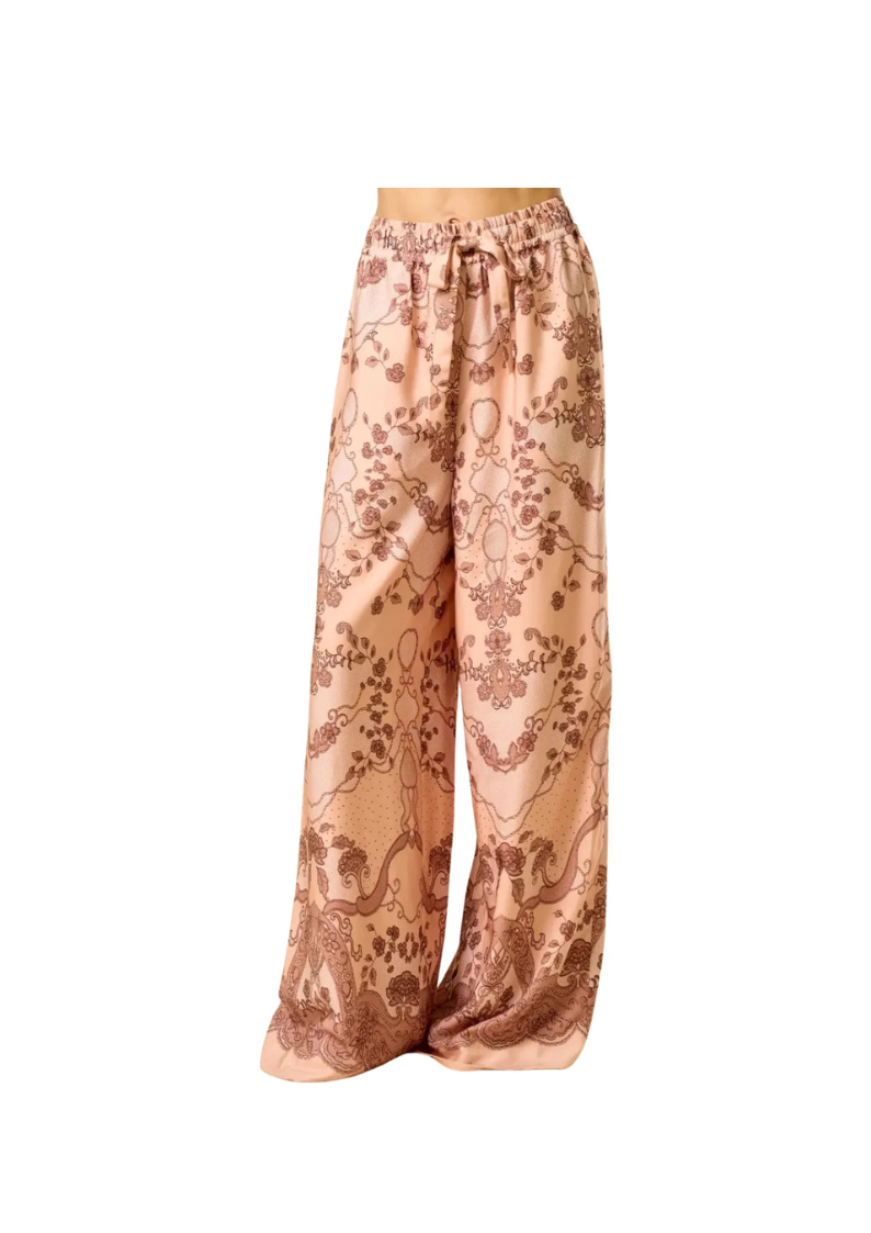 peach floral lace pattern wide leg pull on pant with elastic waist and drawstring tie waist