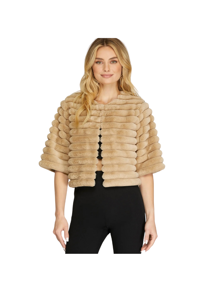 tan cropped faux fur jacket