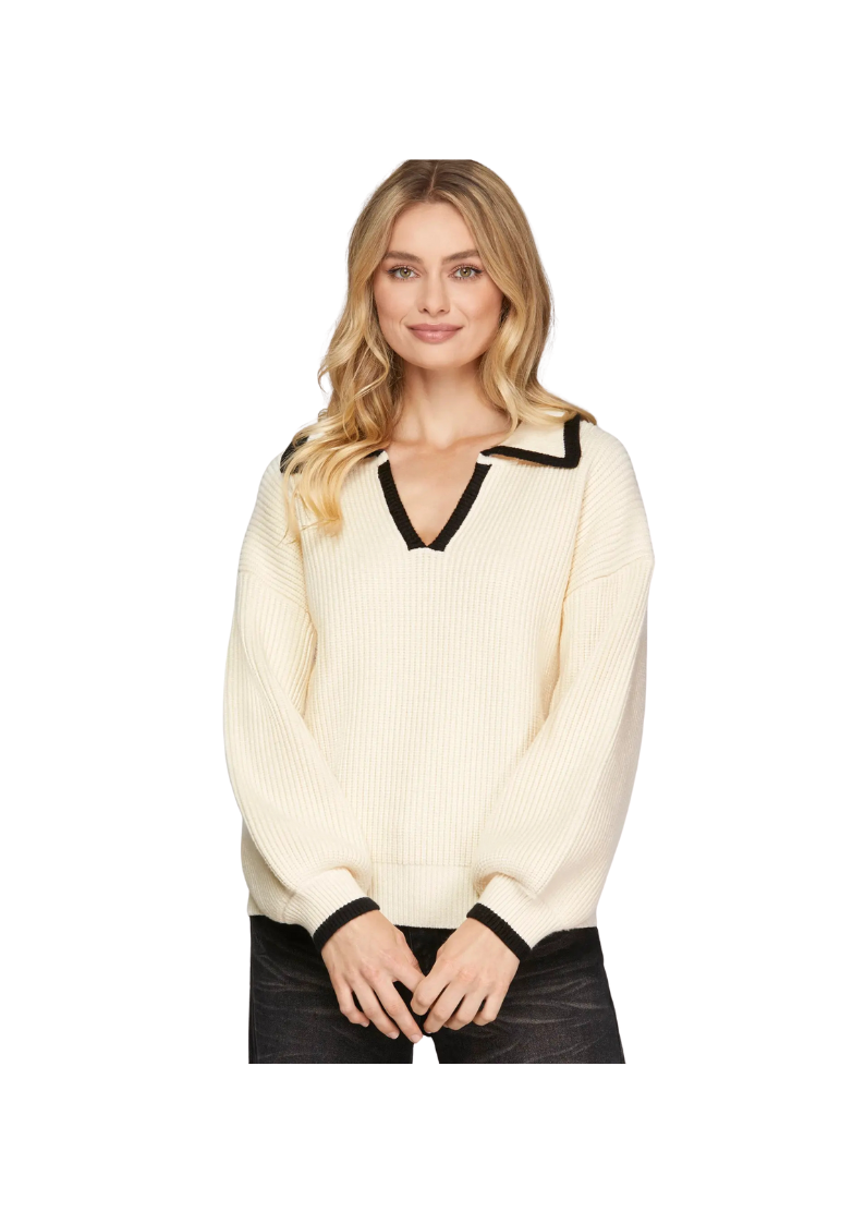 cream long sleeve v neck sweater with black contrasting trim