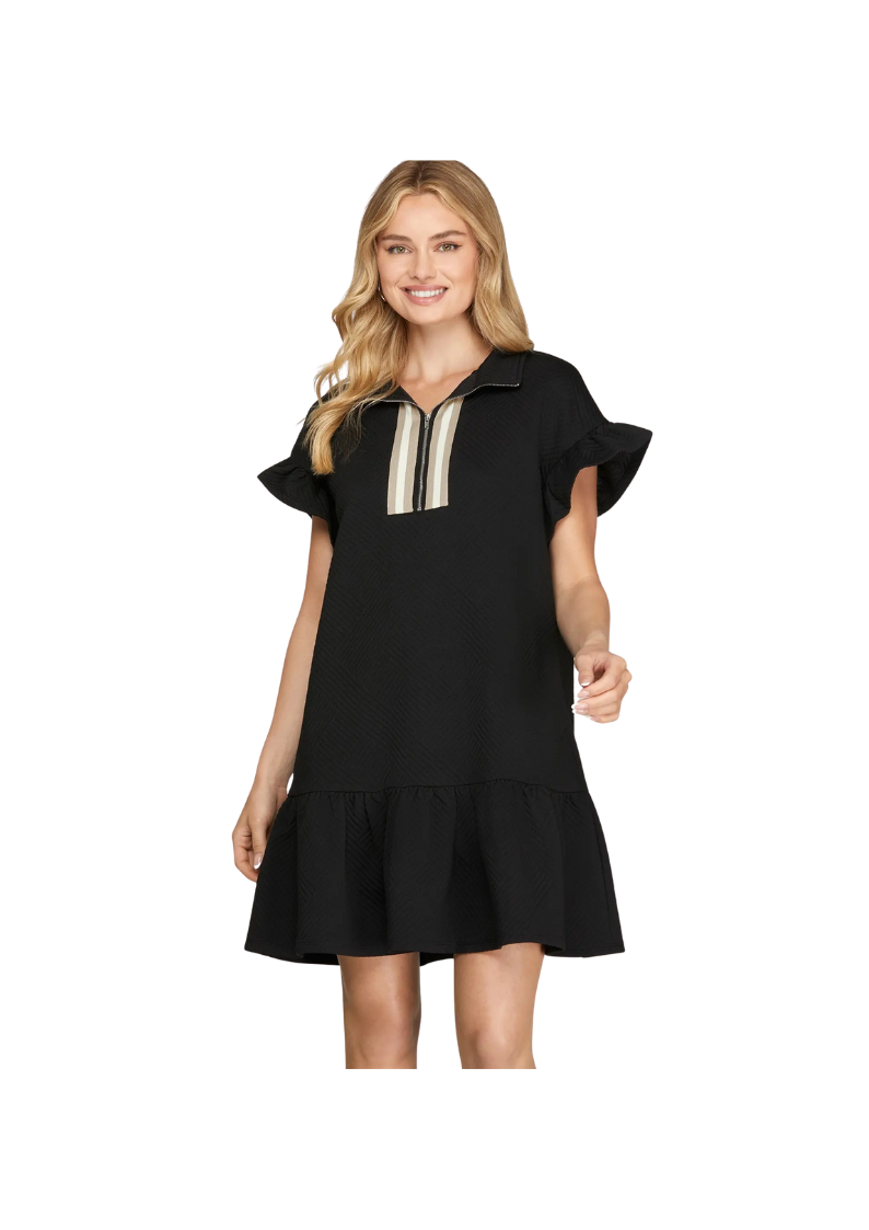 black mini dress with ruffled hem and short ruffled sleeves. 3/4" zip and collar