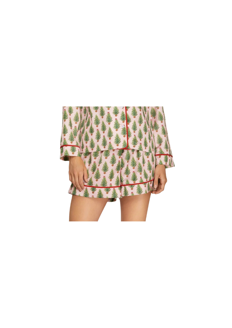 pink classic pull on satin pajama short with green christmas tree print and red trim