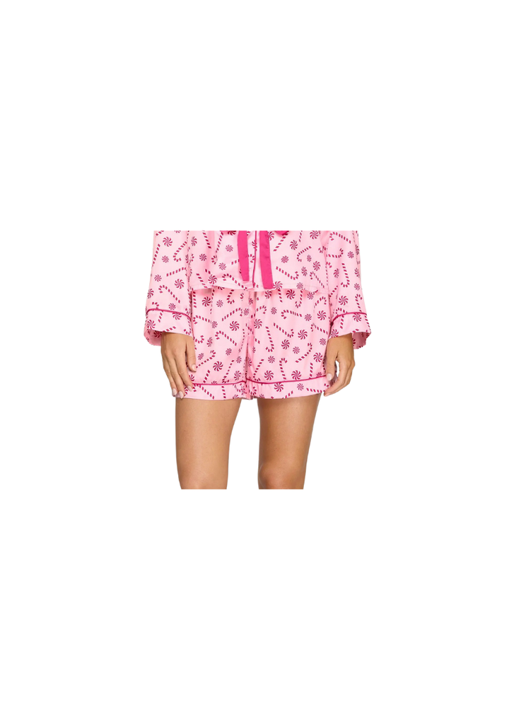 pink pull on satin pajama short with candy cane/mint print