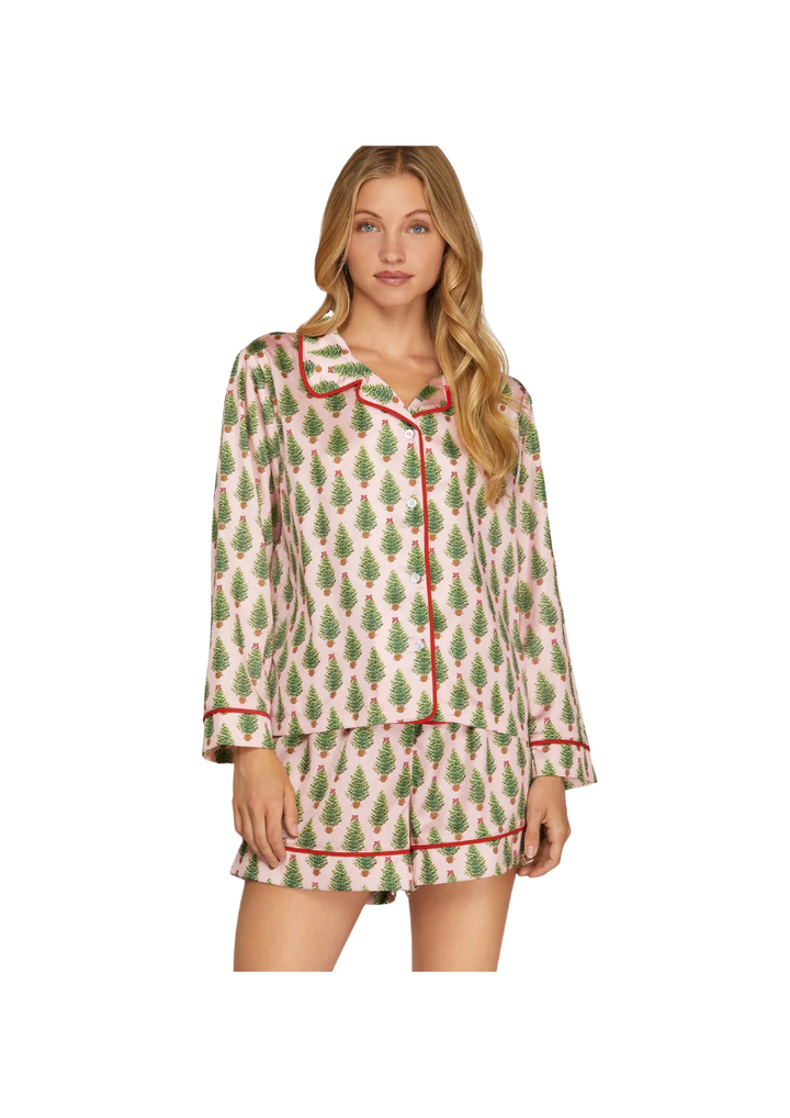 pink classic long sleeve satin pajama top with green christmas tree print and red trim