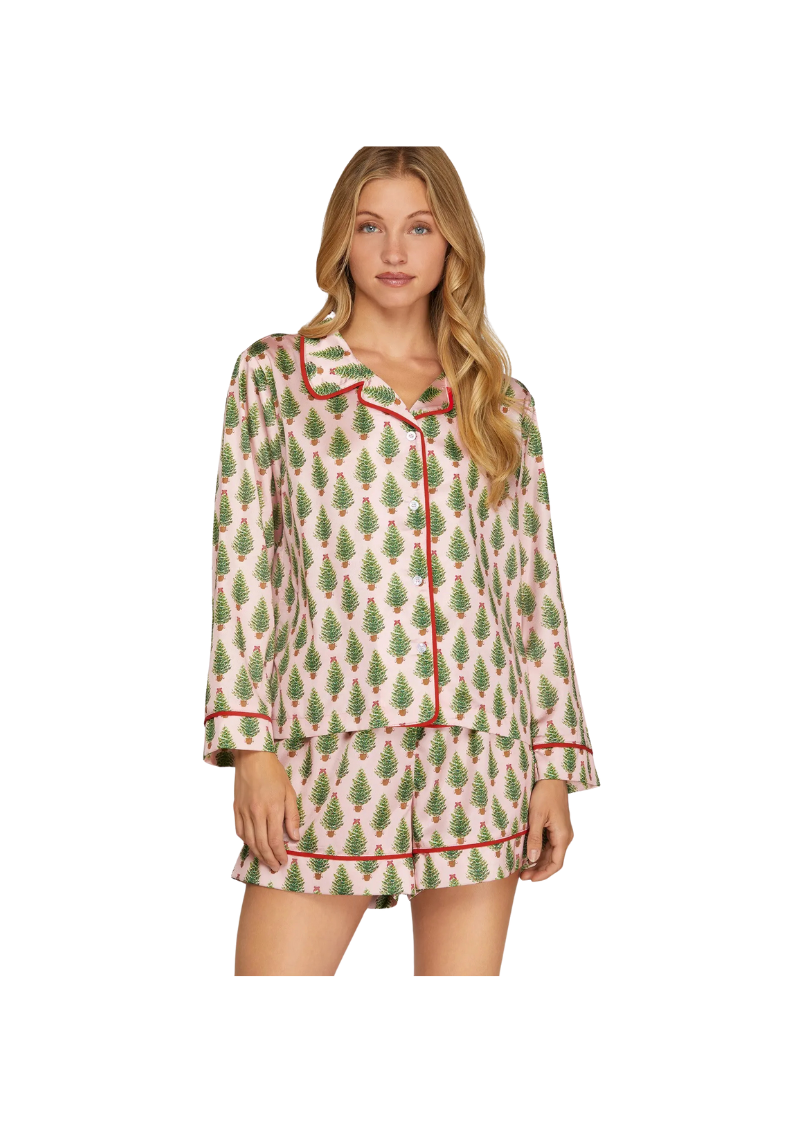 pink classic long sleeve satin pajama top with green christmas tree print and red trim
