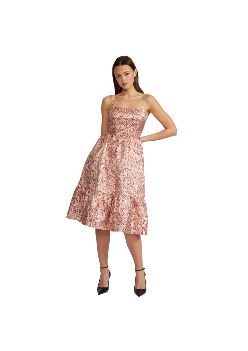 pink/multi midi dress with adjustable spaghetti straps 