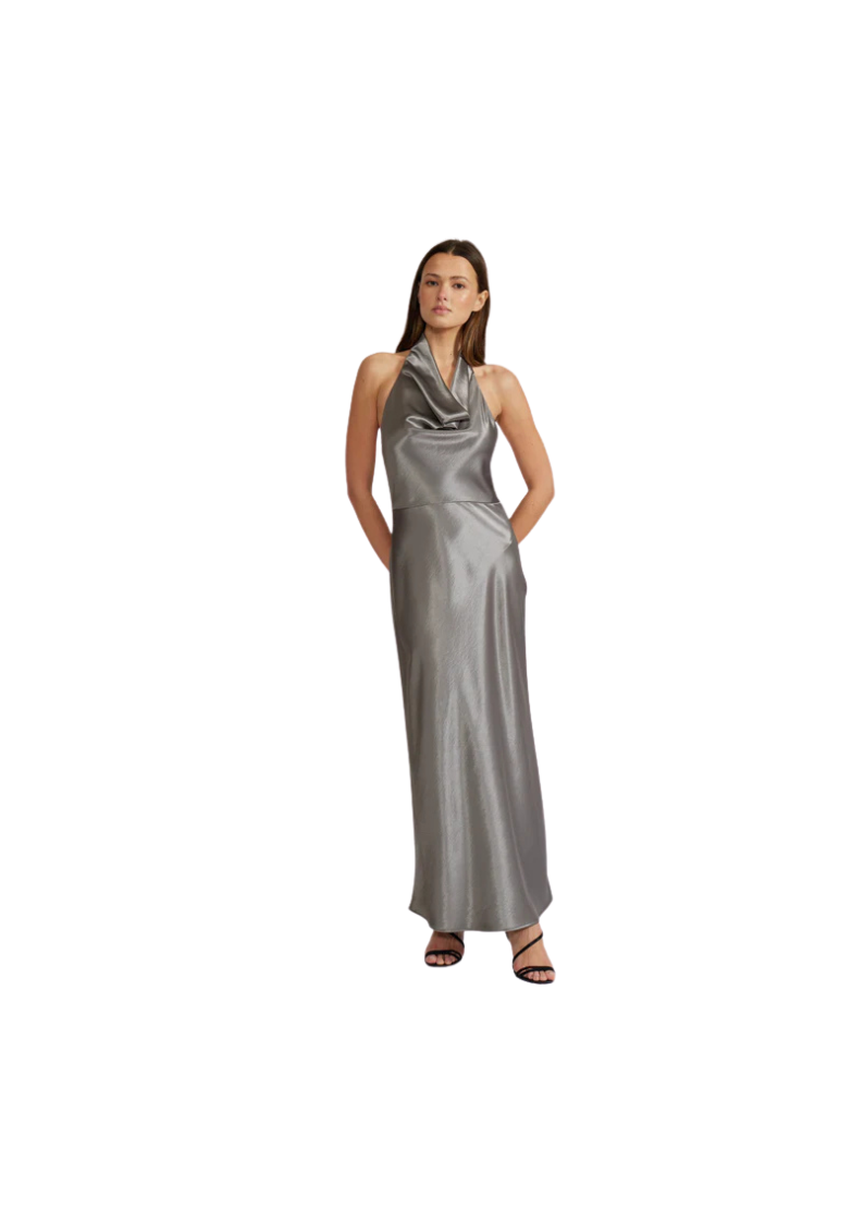 pewter  satin halter maxi dress with cowl neck