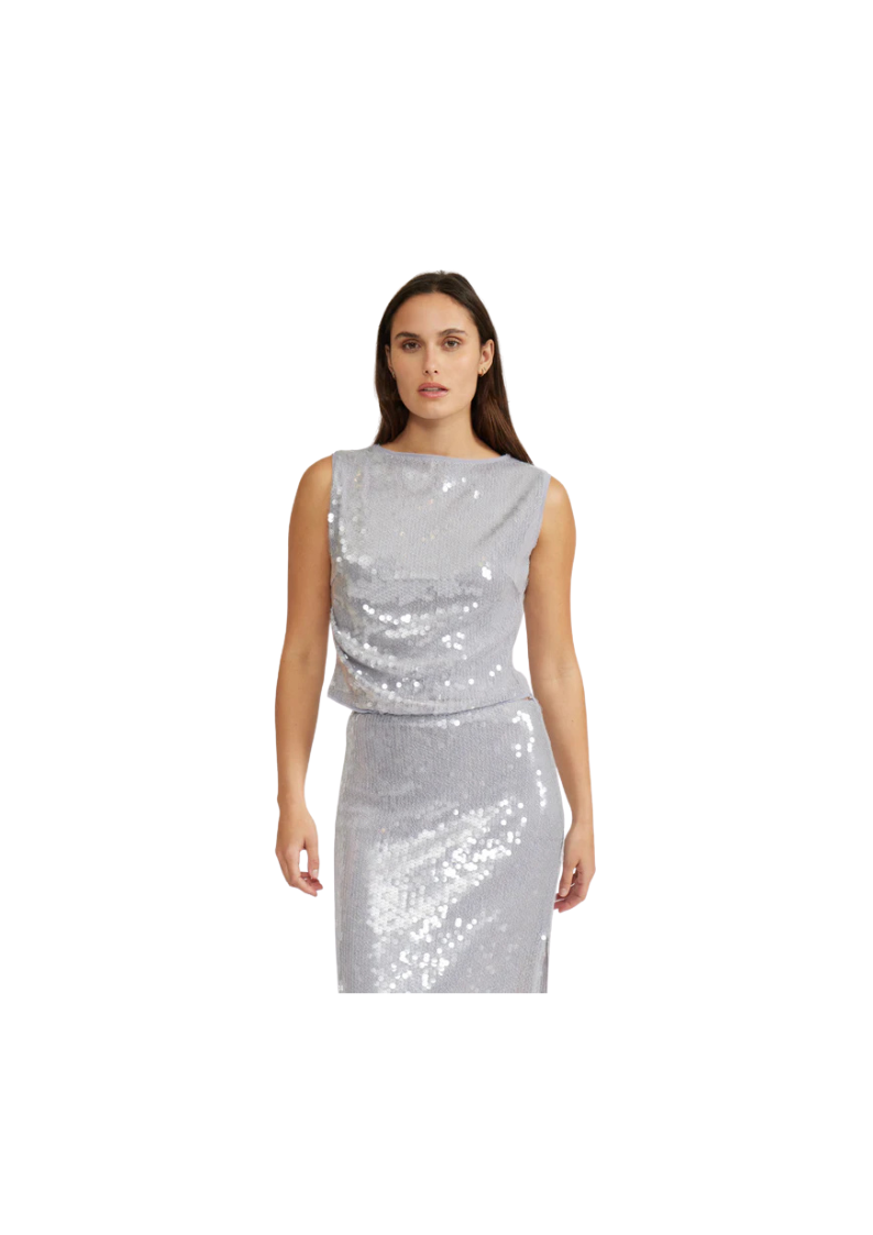 silver sequin sleeveless top with boat neck