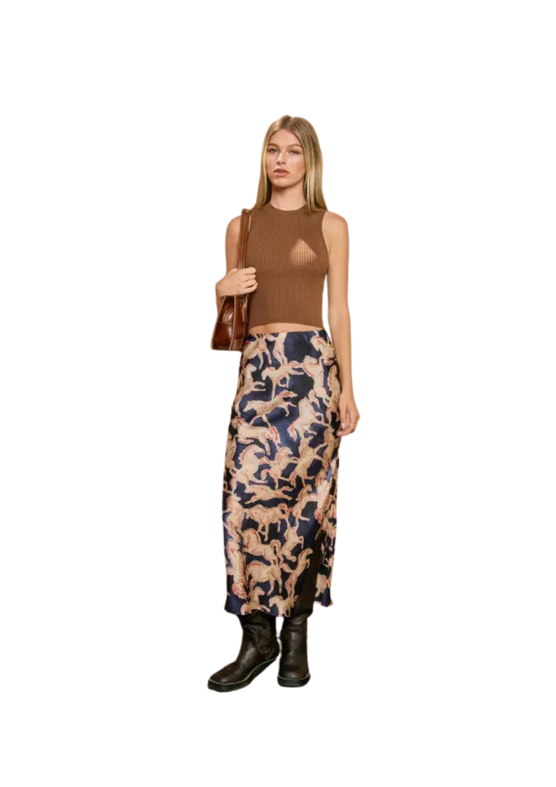 navy satin maxi skirt with horse print 