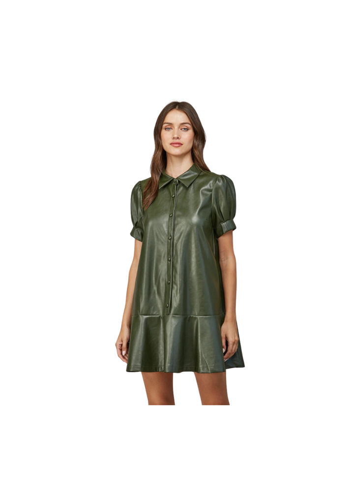 PUFF SLEEVE FAUX LEATHER MINI DRESS-OLIVE