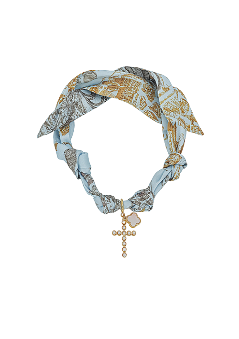 blue/taupe scarf necklace with beaded cross and clover pendant