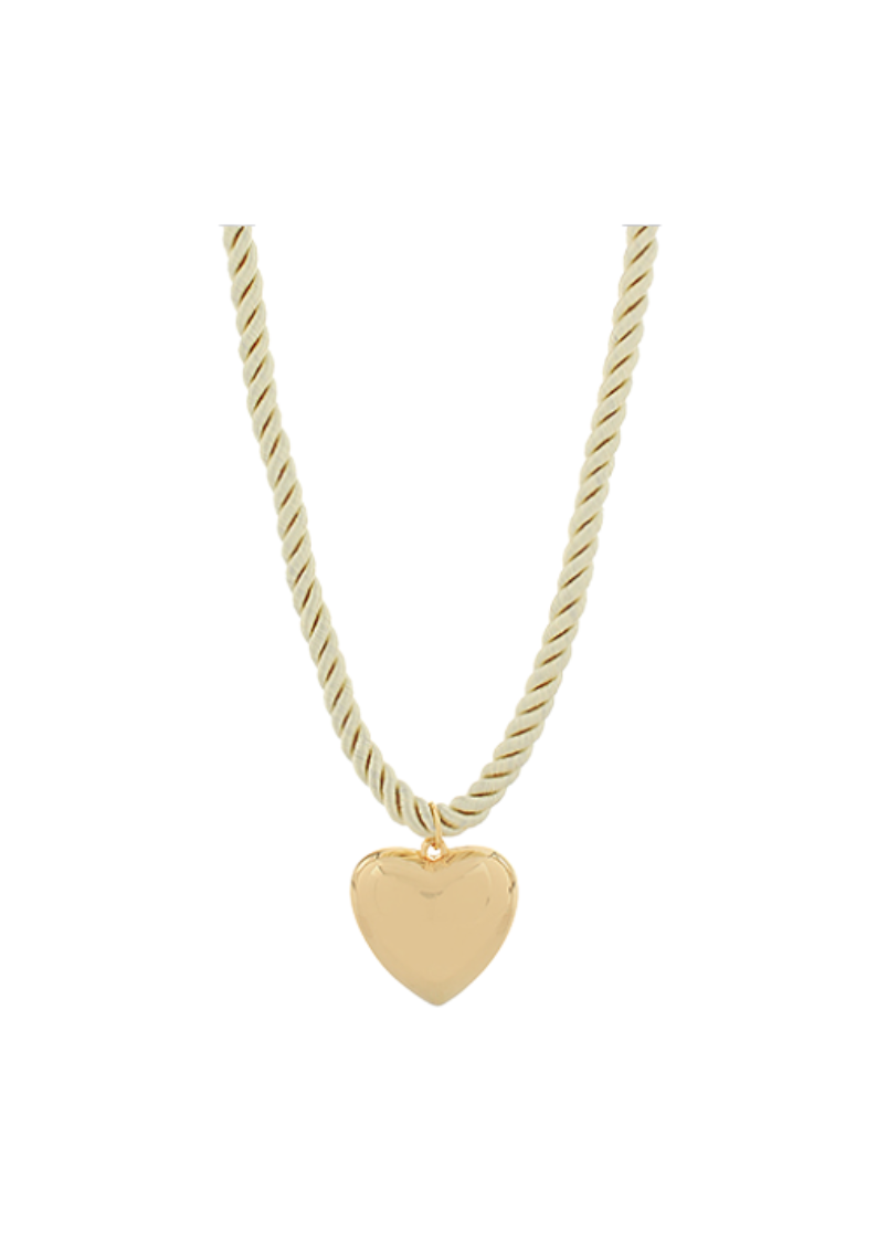 cream twist chord necklace with gold puff heart pendant 