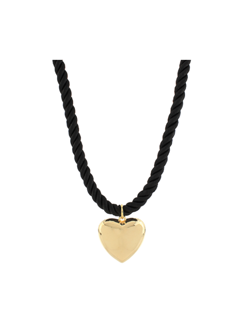 black twist chord necklace with gold puff heart pendant 