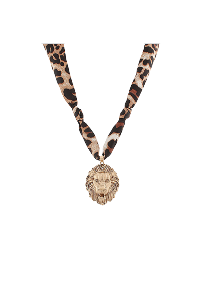 leopard print scarf necklace with lion head pendant