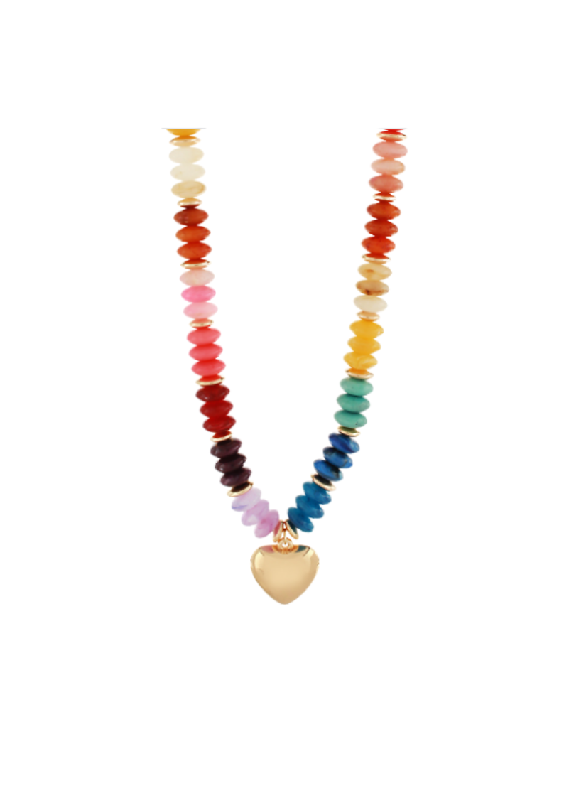 multi color full beaded necklace with gold puff heart charm