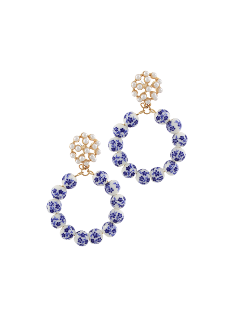 Pair of gold and blue/white circular beaded earrings 