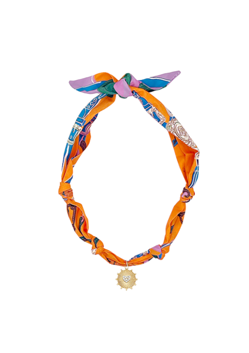orange/multi scarf necklace with gold sunburst pendant 