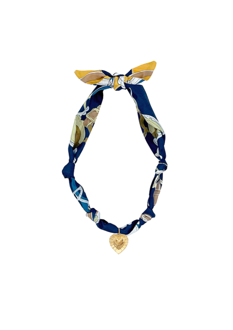 dark blue printed scarf necklace with gold heart pendant 