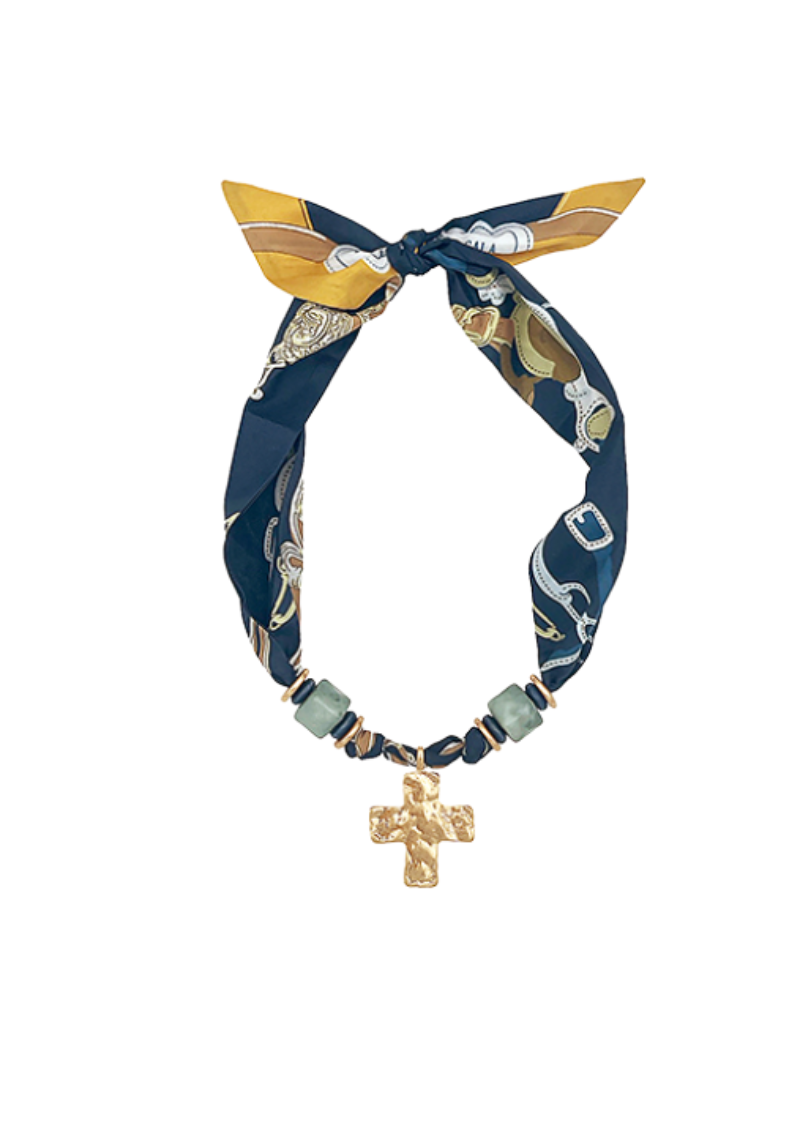 navy printed scarf necklace with beads and gold cross pendant
