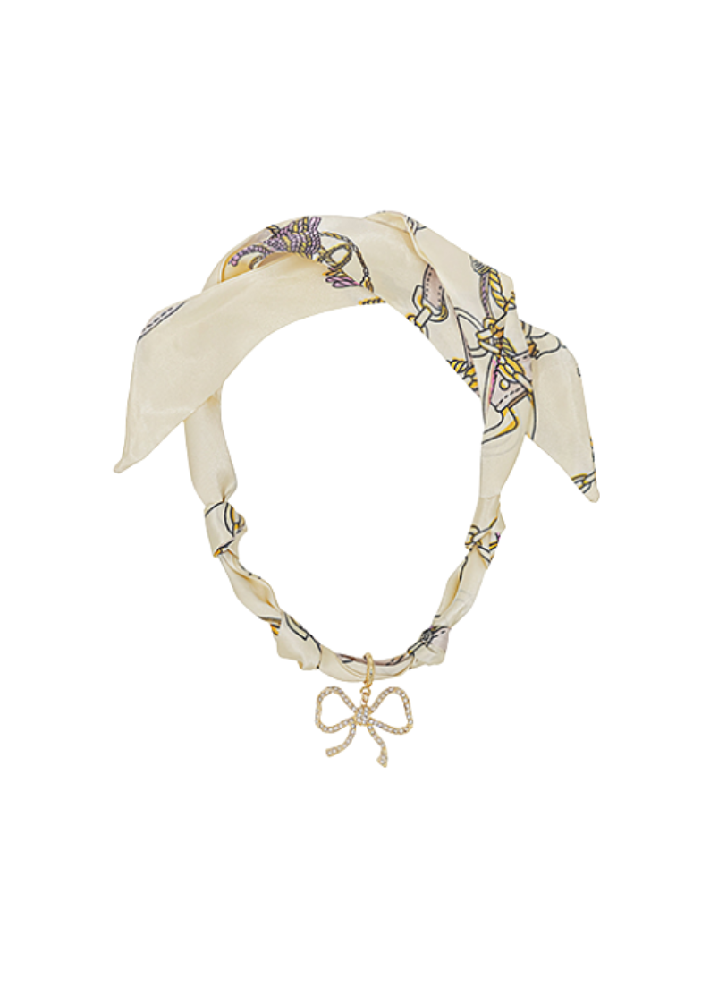 white printed scarf necklace with rhinestone bow pendant 