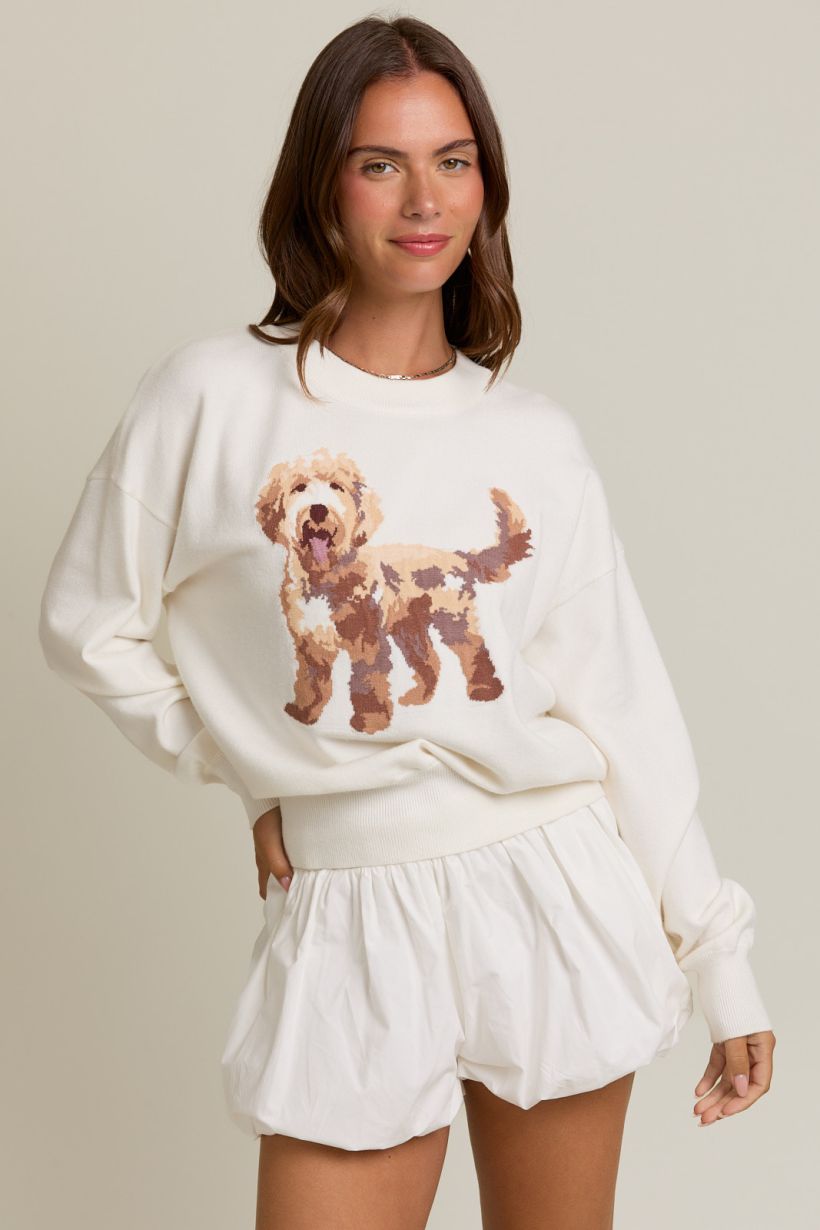 PUPPY GRAPHIC CREW NECK SWEATER-WHITE