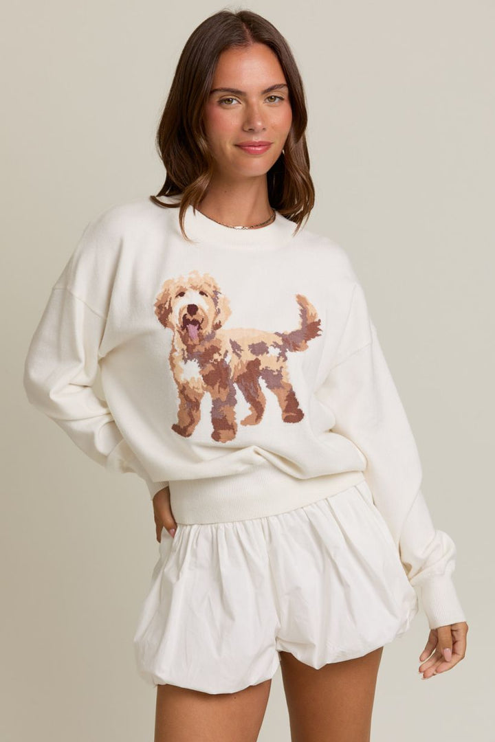 PUPPY GRAPHIC CREW NECK SWEATER-WHITE