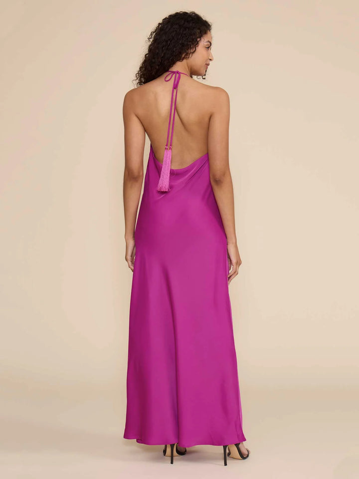 AURORA COWL NECK HALTER DRESS-MAGENTA