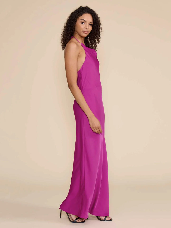 AURORA COWL NECK HALTER DRESS-MAGENTA