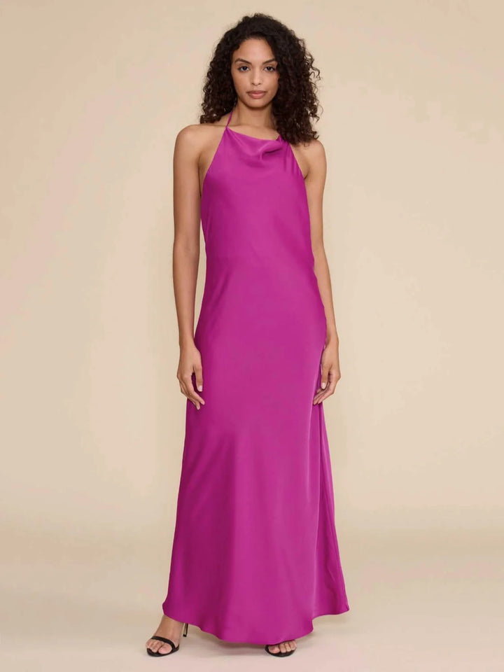 AURORA COWL NECK HALTER DRESS-MAGENTA