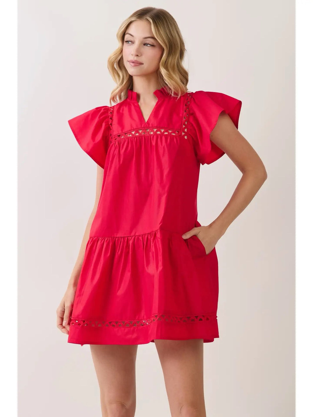 Lace Trim Flutter Sleeve Mini Dress-Red