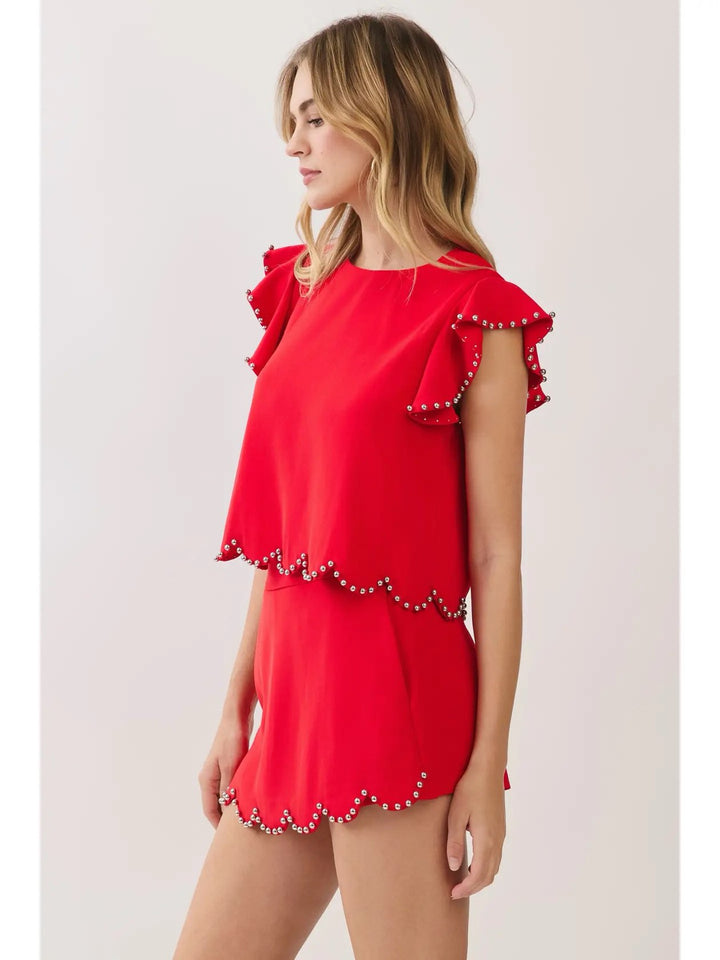 Studded Detail Ruffle Sleeve Top-Red