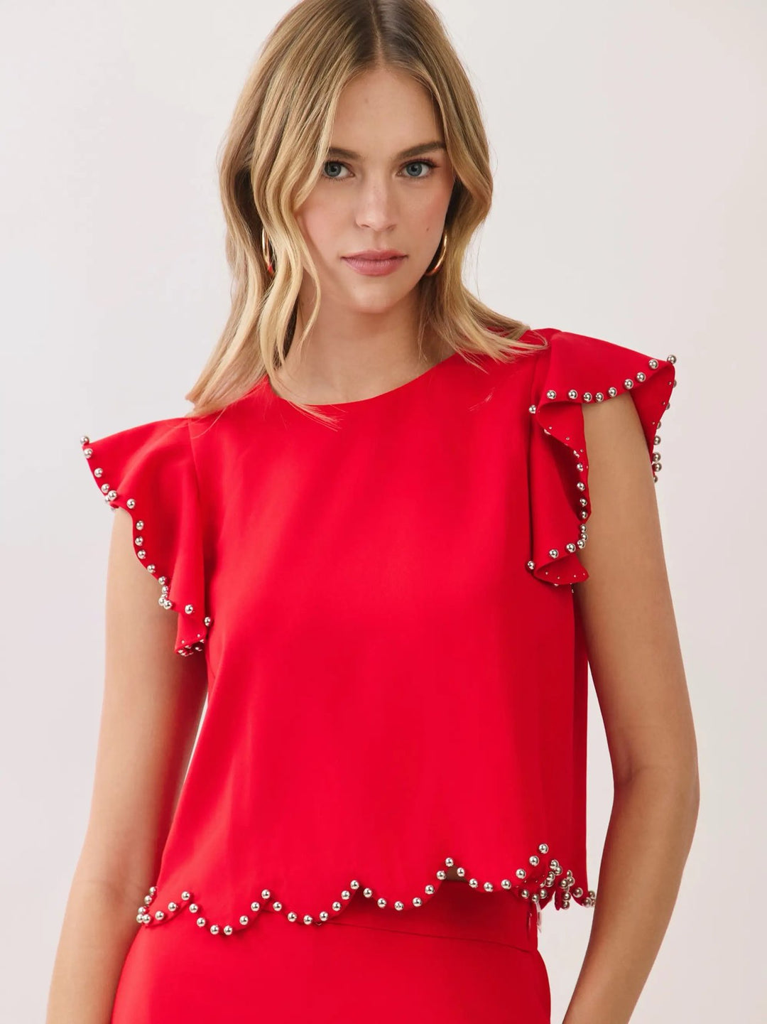 Studded Detail Ruffle Sleeve Top-Red
