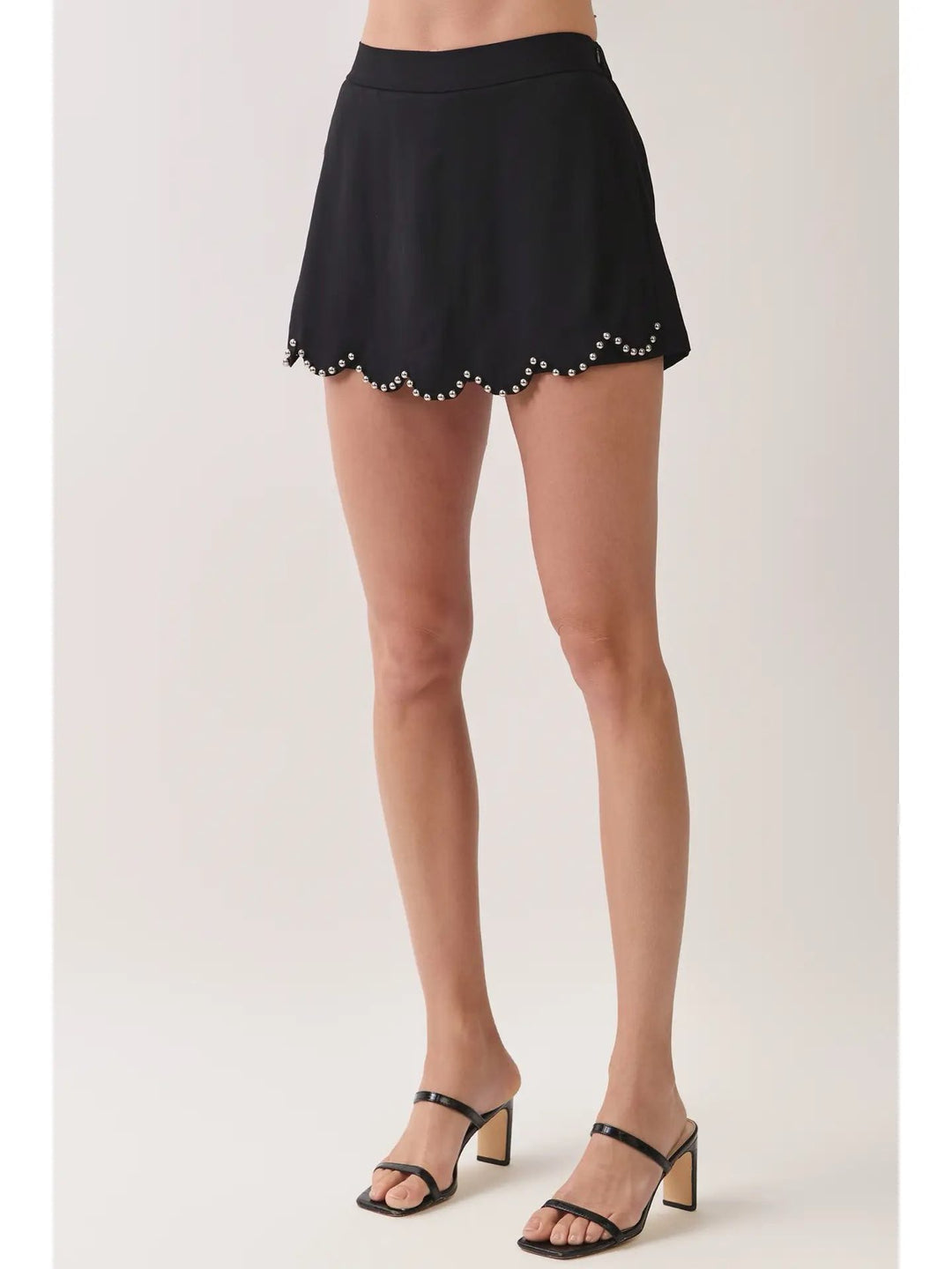 Scalloped Stud Trim Mini Skort-Black