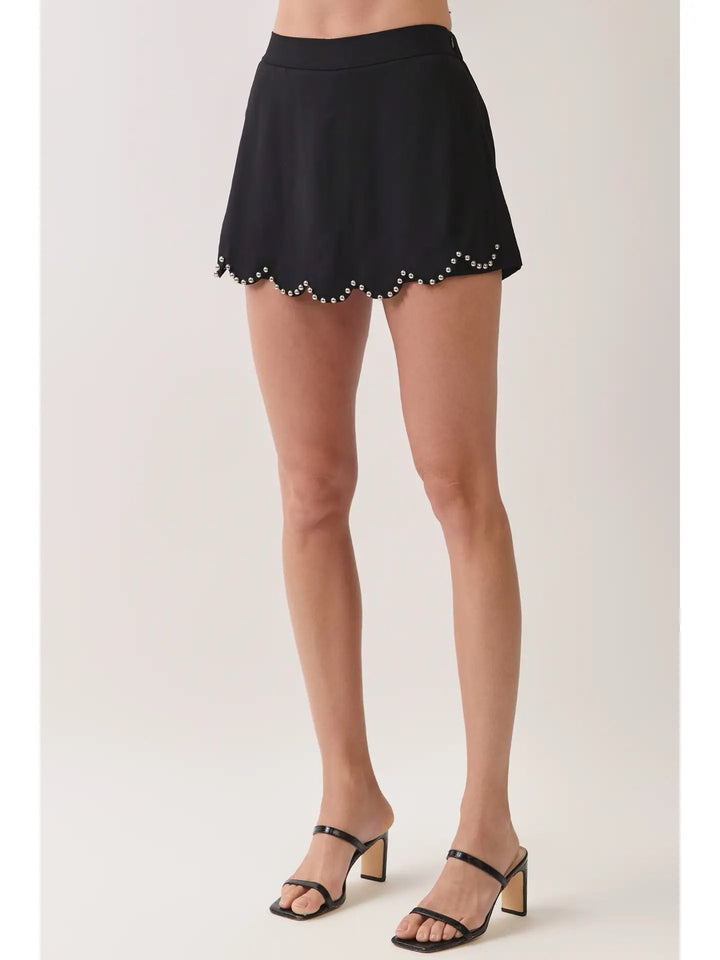 Scalloped Stud Trim Mini Skort-Black