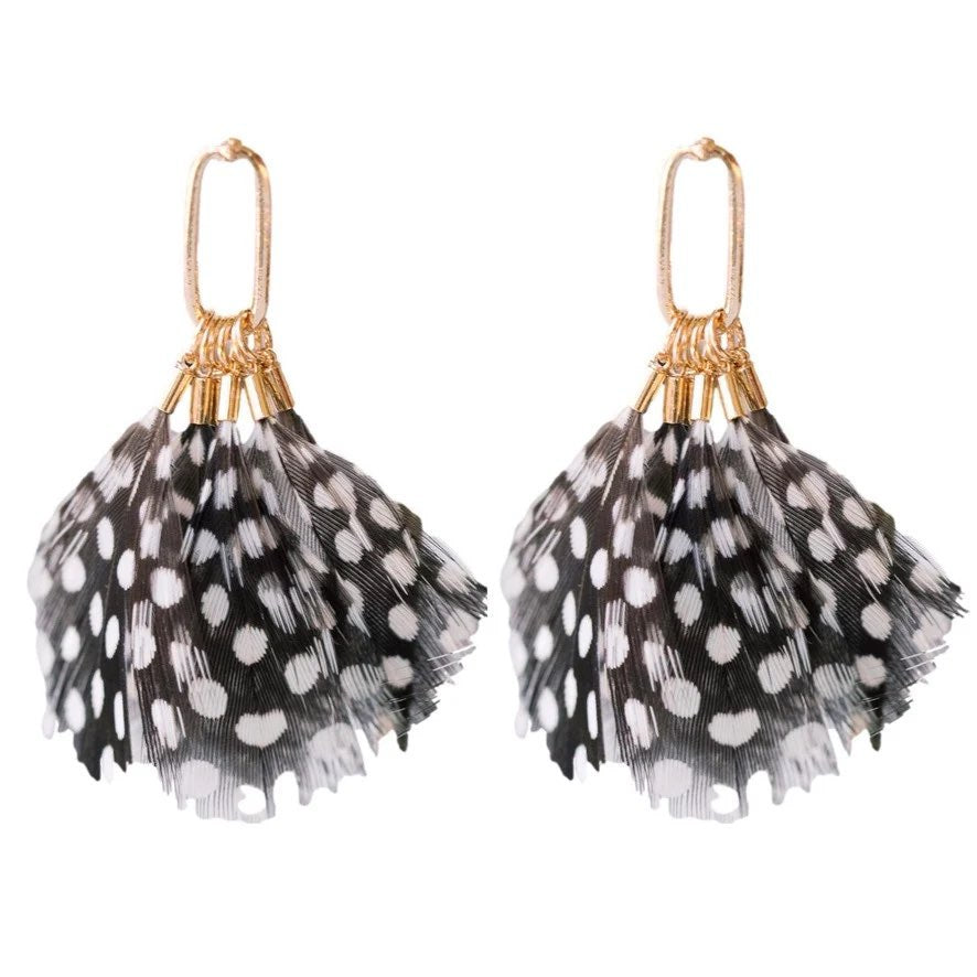 SPOTTED FEATHER FALL STATEMENT TASSEL EARRINGS