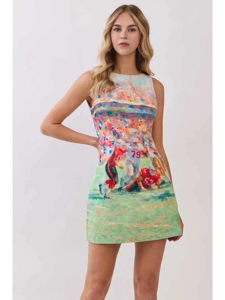 GAMEDAY PRINT OPEN BACK MINI DRESS-GREEN MULTI