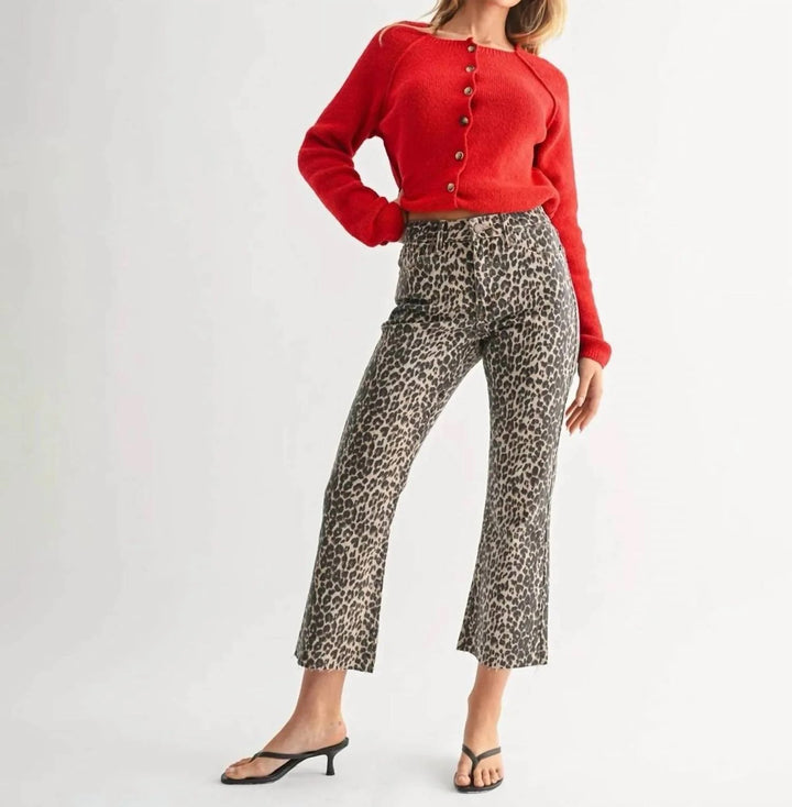 HIGH RISE CROP FLARE JEAN W/DISTRESSED HEM-LEOPARD