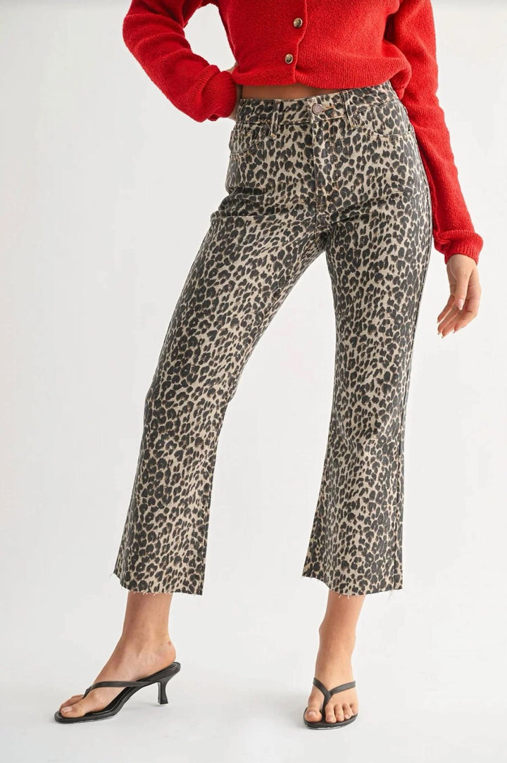 HIGH RISE CROP FLARE JEAN W/DISTRESSED HEM-LEOPARD