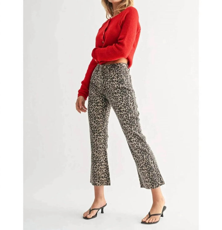 HIGH RISE CROP FLARE JEAN W/DISTRESSED HEM-LEOPARD
