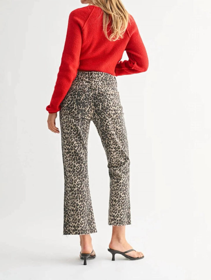 HIGH RISE CROP FLARE JEAN W/DISTRESSED HEM-LEOPARD