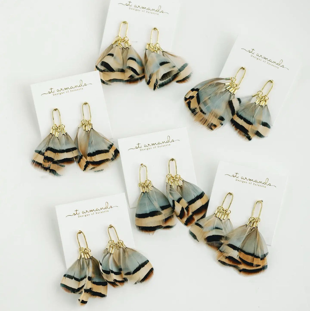 BROWN STRIPED FALL FEATHER EARRINGS