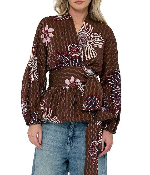 Opal Textured Floral Wrap Blouse-Brown Multi