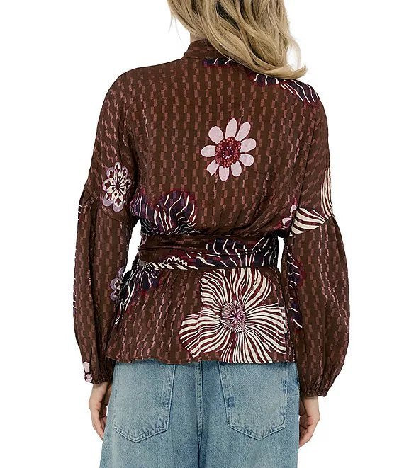 Opal Textured Floral Wrap Blouse-Brown Multi